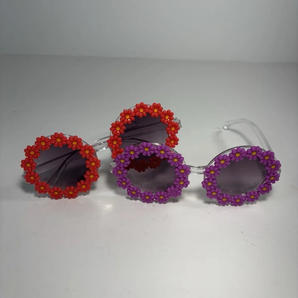 Toddler Daisy Shape Round Sunglasses Set Of 2 Purple Red Retro 60s Boho